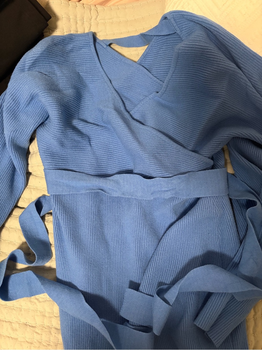 Blue Maternity Ribbed Wrap Sweater Dress with Belt